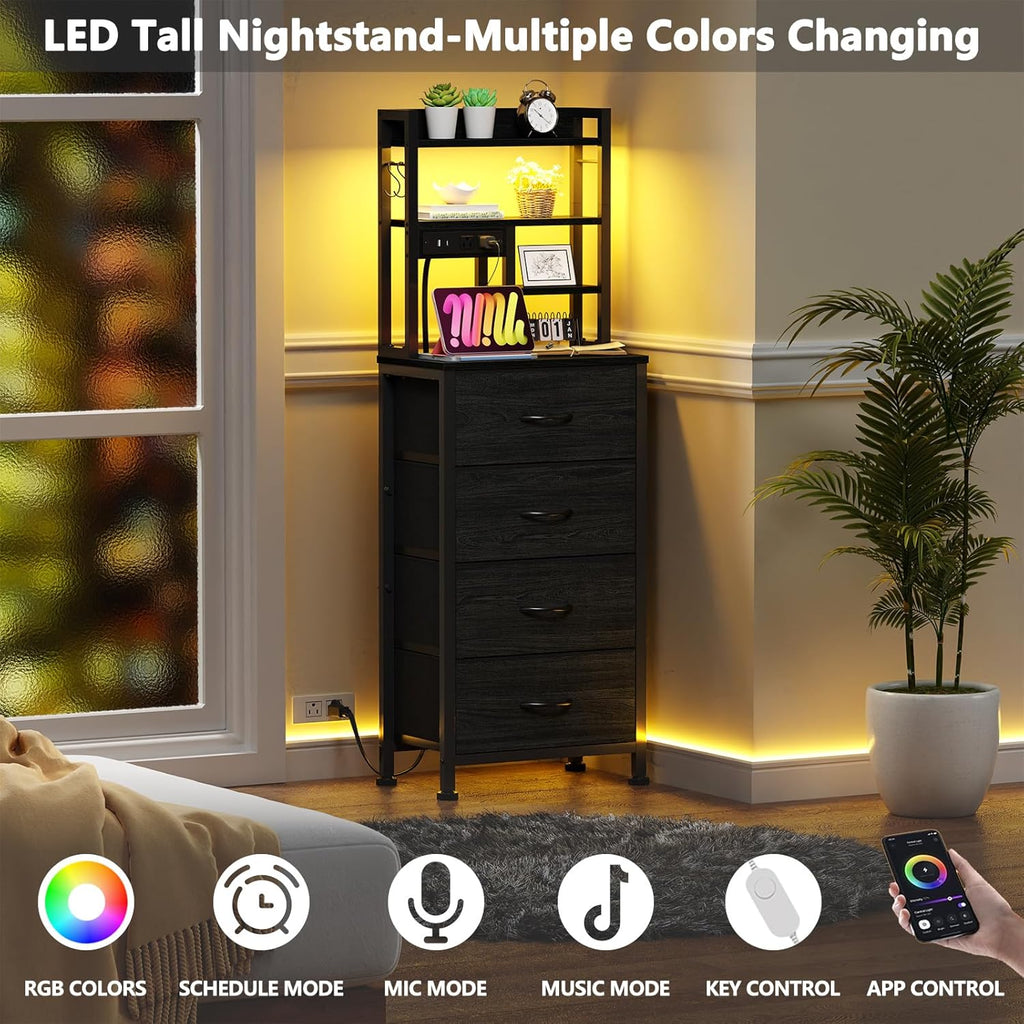 Furnulem Tall Nightstand, LED Night Stand with Charging Station | USB Ports, 4 Fabric Drawers and 4 Tier Storage Shelf, Nightstands Bedside Tables for Bedroom, Dorm, Office (Black Oak)