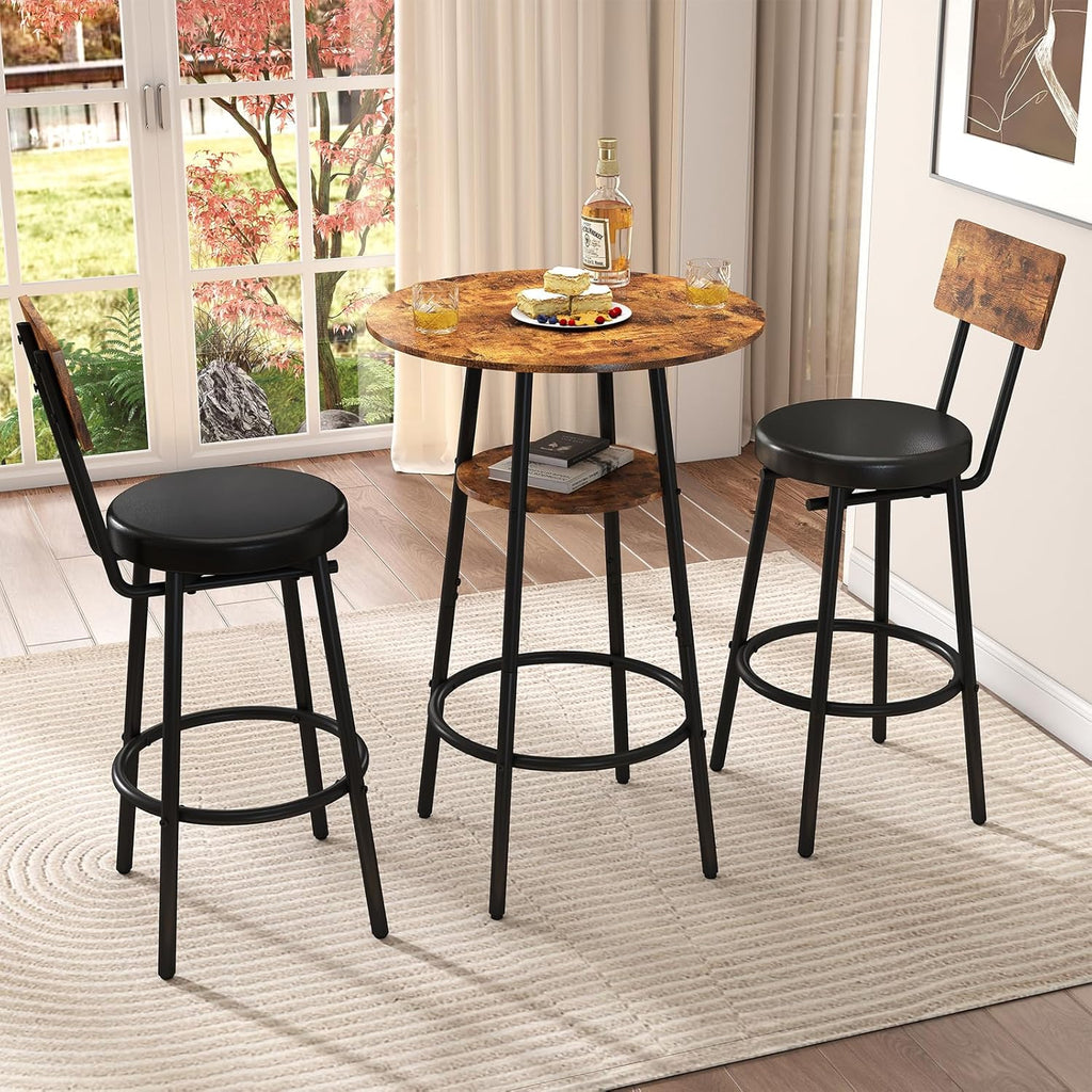 Zevemomo 3 Pieces Round Bar Table Set, Small Dining Table for 2, Modern Kitchen Bar Table, Breakfast Table with Storage, 2 Thickened Cushion Stools with Backrest for Dining Room, Bistro-Brown