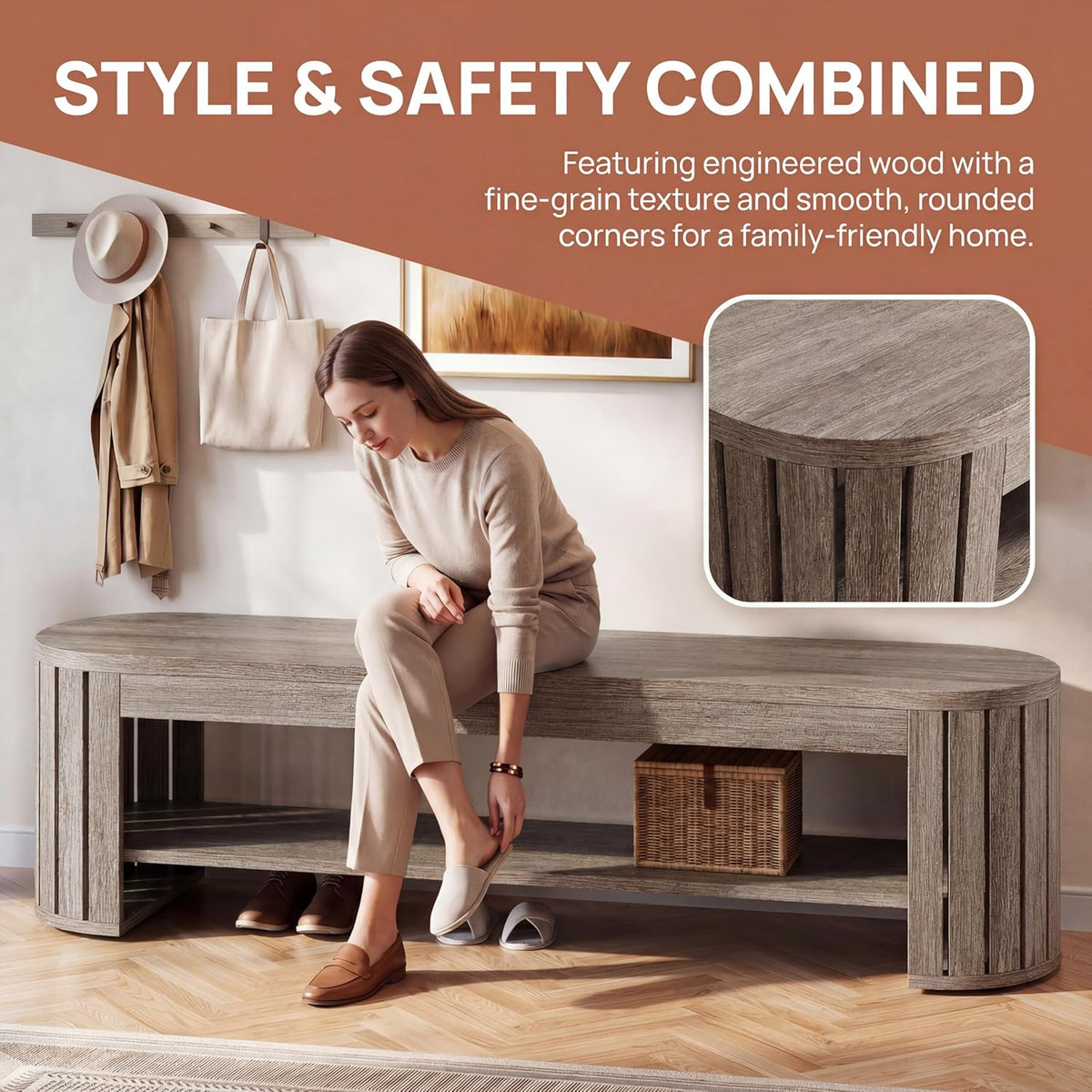 Tribesigns 63'' Shoe Storage Bench,Wooden Narrow 2-Tier Entryway Bench with Secure Rounded Edges,End of Bed Bench with Adjust Foot Pads for Entrance,Bedroom,Living Room (Gray)