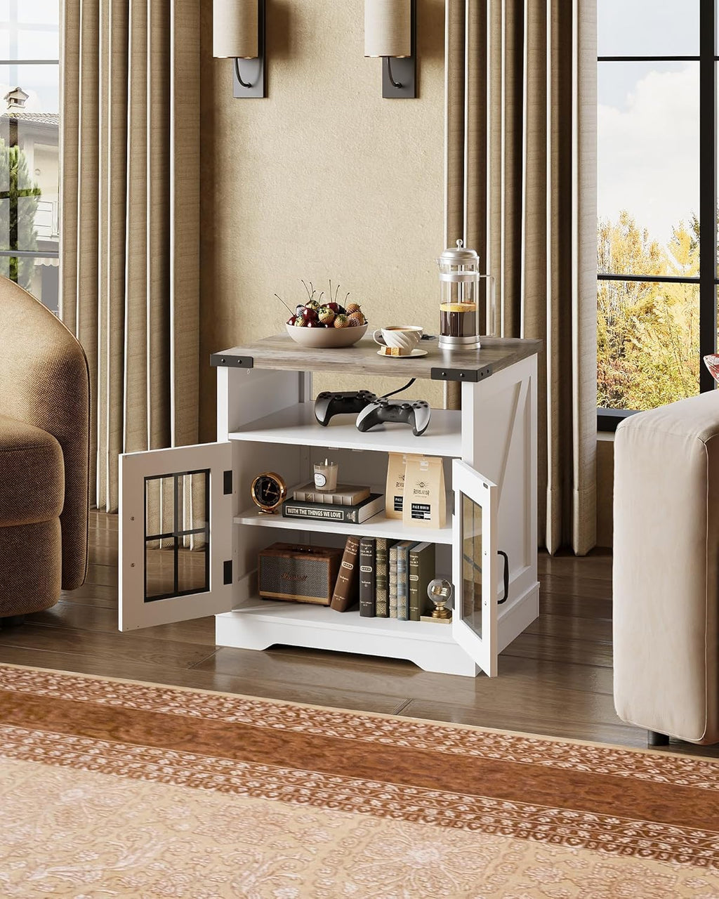 WLIVE Farmhouse End Table, 24" Side Table with Charging Station, LED Farmhouse Nightstand with Adjustable Storage Shelf for Living Room, Bedroom, Office, Rustic Wood Bedside Table, Greige
