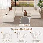 Vesgantti 7 Seater Plush Corduroy Couch, 141.7" Large Sofa, Beige | Oversized Modular Sectional Couch with Chaise & Ottoman, Deep Seat Cloud Sofa for Living Room, No Assembly Compressed Sofa