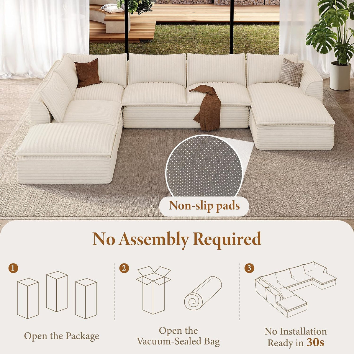 Vesgantti 7 Seater Plush Corduroy Couch, 141.7" Large Sofa, Beige | Oversized Modular Sectional Couch with Chaise & Ottoman, Deep Seat Cloud Sofa for Living Room, No Assembly Compressed Sofa