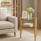 Round End Table, 2-Tier Tempered Glass Table Top Wooden Legs, Modern Side Tables Living Room 24” with Storage Shelf - Entryway Table, Bedroom Side Table, Nature