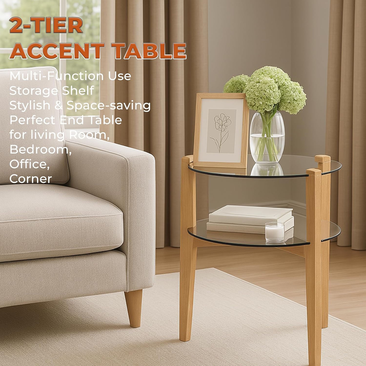 Round End Table, 2-Tier Tempered Glass Table Top Wooden Legs, Modern Side Tables Living Room 24” with Storage Shelf - Entryway Table, Bedroom Side Table, Nature