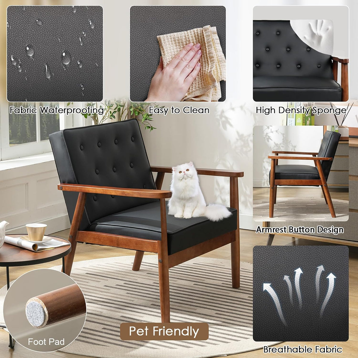 Waiting Room Accent Chairs Set of 2, Black Leather ArmChairs, Office Guest | STHOUYN Mid Century Modern, Wood Arms, Office Lobby Living Room Chair
