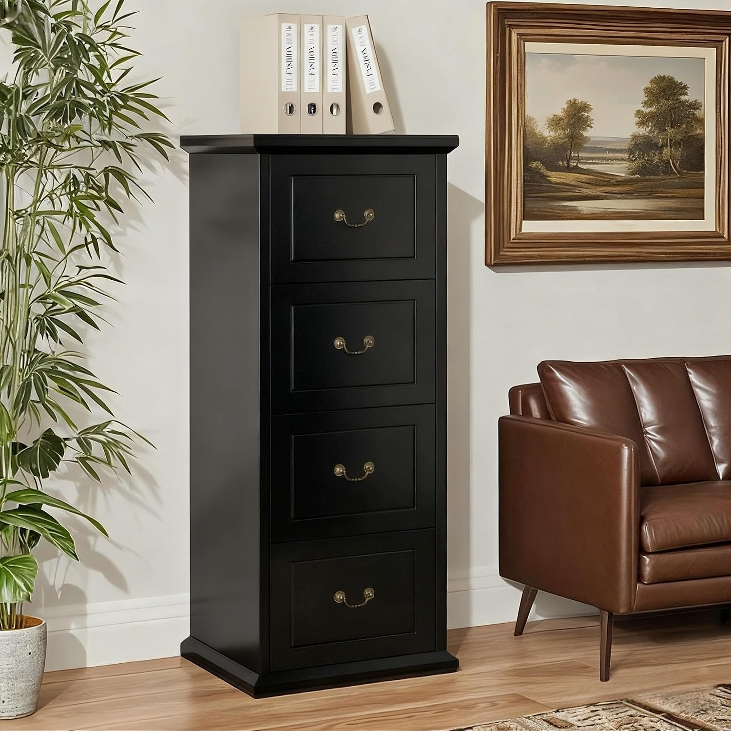Tribesigns 4-Drawer File Cabinet for A4/Letter/Legal Files, Black | Tall Wooden Filing Cabinet, Vertical File Storage Printer Stand with Hanging Rails for Home Office, Modern Vintage Style