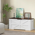 VVFLU Storage Bench, 39.4" Storage Chest with 2 Safety Hinges, Farmhouse Roman Column Design with Elliptical Handle Holes, for Entryway, Bedroom, Living Room (White + Walnut)