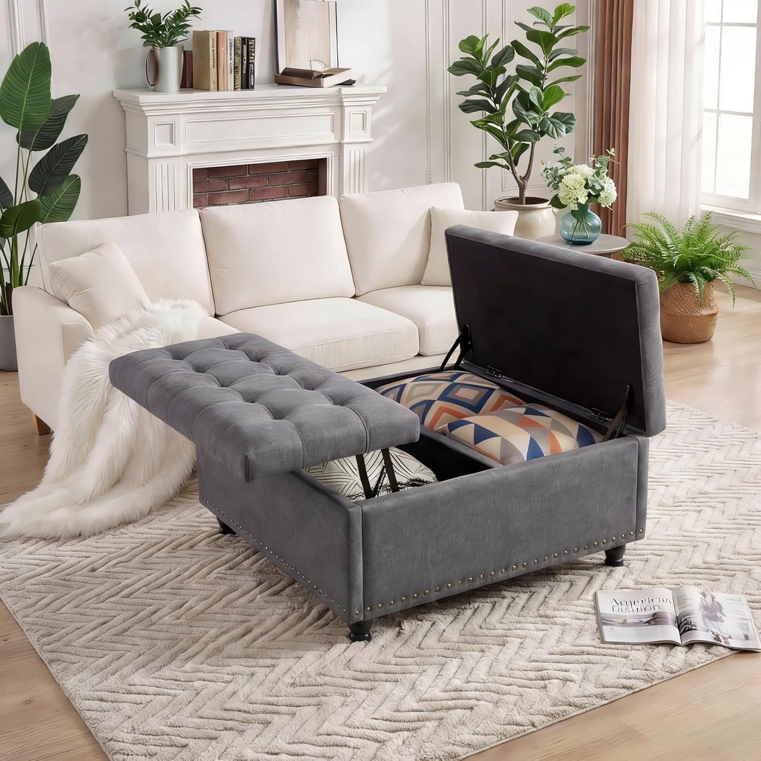36" Large Square Storage Ottoman with Lift Top, 300 LBS Tufted Upholstered Ottoman Coffee Table Bench with Study Wood Legs, Multi-Functional Footrest Storage Box for Living Room and Bedroom (Gray) ﻿
