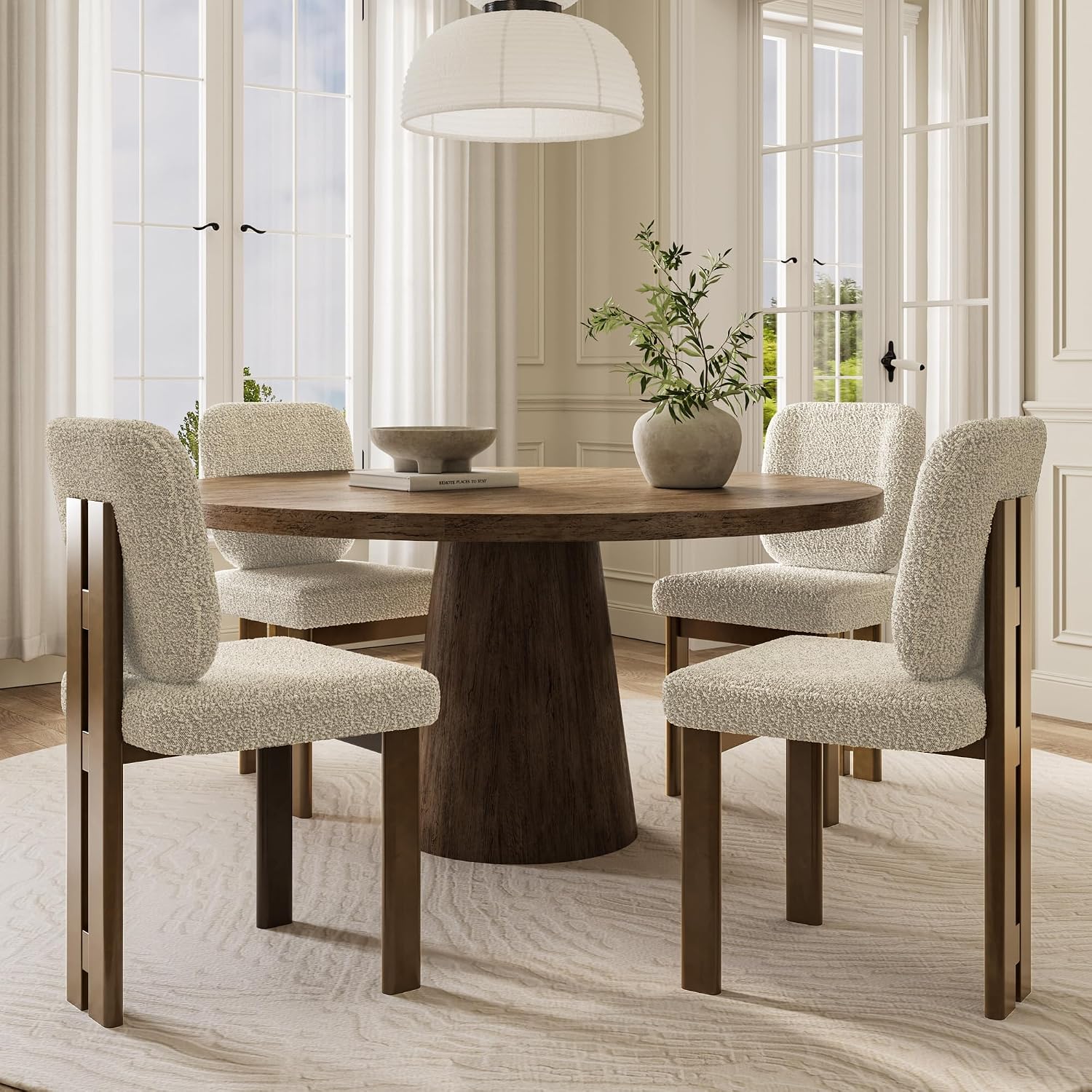 BESTANO Modern Farmhouse Dining Chairs Set of 4, Boucle Upholstered Wooden Kitchen Chairs with Back, Walnut Wood Legs, Beige