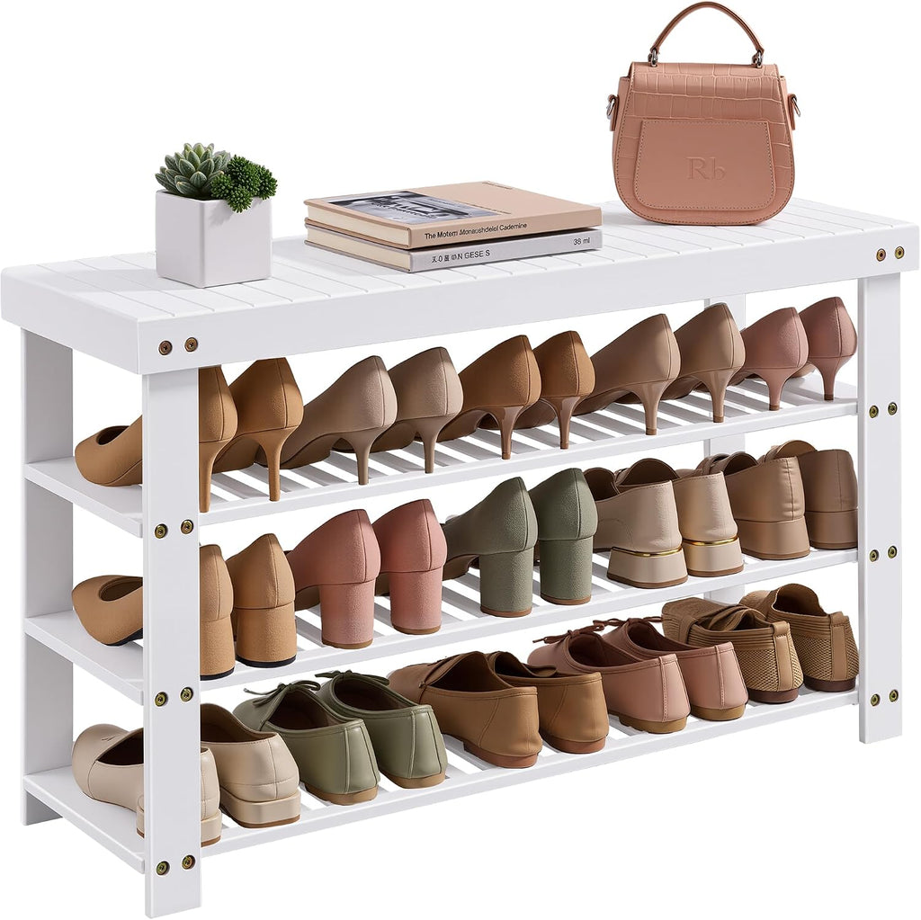 SONGMICS Bamboo Shoe Bench with Seat, 11.3 x 35.2 x 20.5 Inches | Entryway Organizer for Bedroom, Cloud White, Bambou Collection ULBS390W101