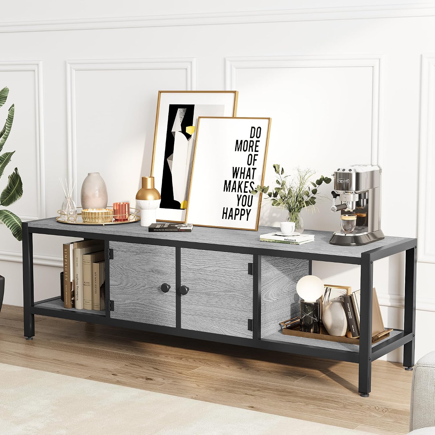 GarveeHome 58 in TV Stand with Storage, Entertainment Center with Adjustable Legs, TV Console up to 65 in, Wooden TV Stand with Open Shelves for Living Room, Bedroom, Light Grey