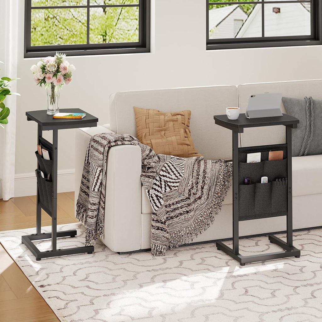 HOOBRO C Shaped End Table, 28.3" Side Table for Small Spaces, Couch Table with Storage Bag, Slide Under Sofa Side Table, for Living Room, Bedroom, Black BB40SF01