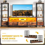 DWVO Industrial LED TV Stand for 65 Inch TVs, Entertainment Center with 2 4-Tier Bookshelves & Power Outlets, Media Console Table with 5 Drawers & Open Storage for Living Room, Rustic Brown
