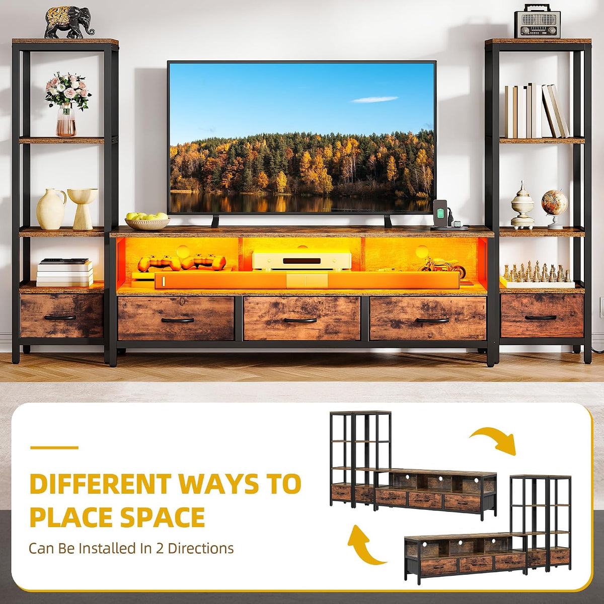 DWVO Industrial LED TV Stand for 65 Inch TVs, Entertainment Center with 2 4-Tier Bookshelves & Power Outlets, Media Console Table with 5 Drawers & Open Storage for Living Room, Rustic Brown