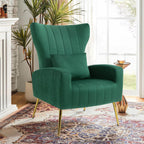 Modern Accent Chairs Set of 2, Wingback Chair with Arm & Gold Legs, Living Room Bedroom Side Chair with Lumbar Pillow, Velvet Upholstered, Channel Tufted, Green