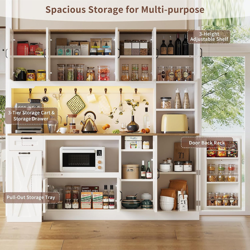 70.87" Kitchen Pantry Cabinet with LED Lighting & Charging Station, Farmhouse Storage Cabinet with X Barn Doors, Pull-Out Shelf & Adjustable Shelves, Coffee Bar Pantry for Dining Room, White