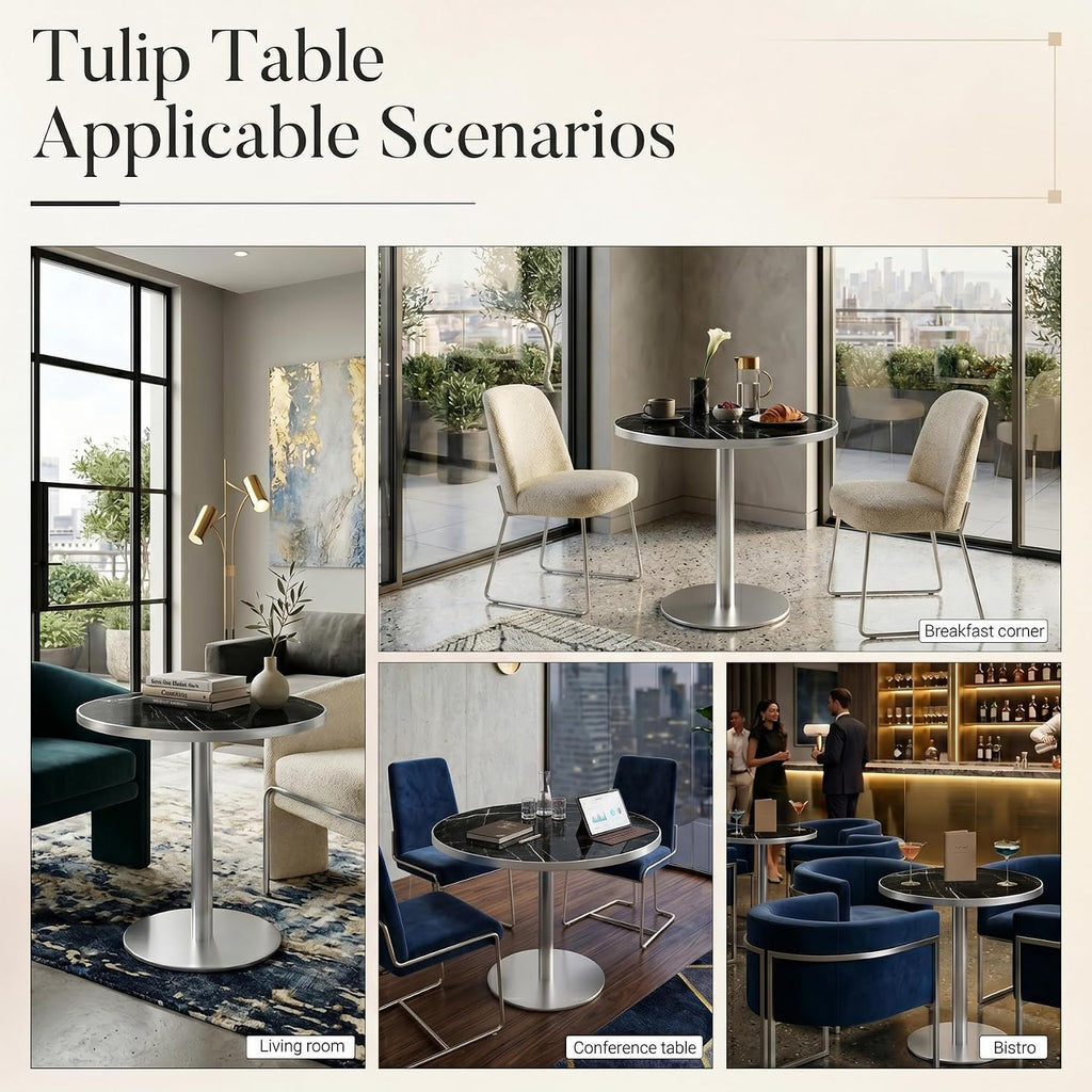 31.5" Tulip Table, Small Round Dining Table with 1.2" Thick Sintered Stone Tabletop and Silver Metal Pedestal Base, Bistro Table for Diner, Restaurant, Café, Bakery, Apartment (Marble Black Silver)