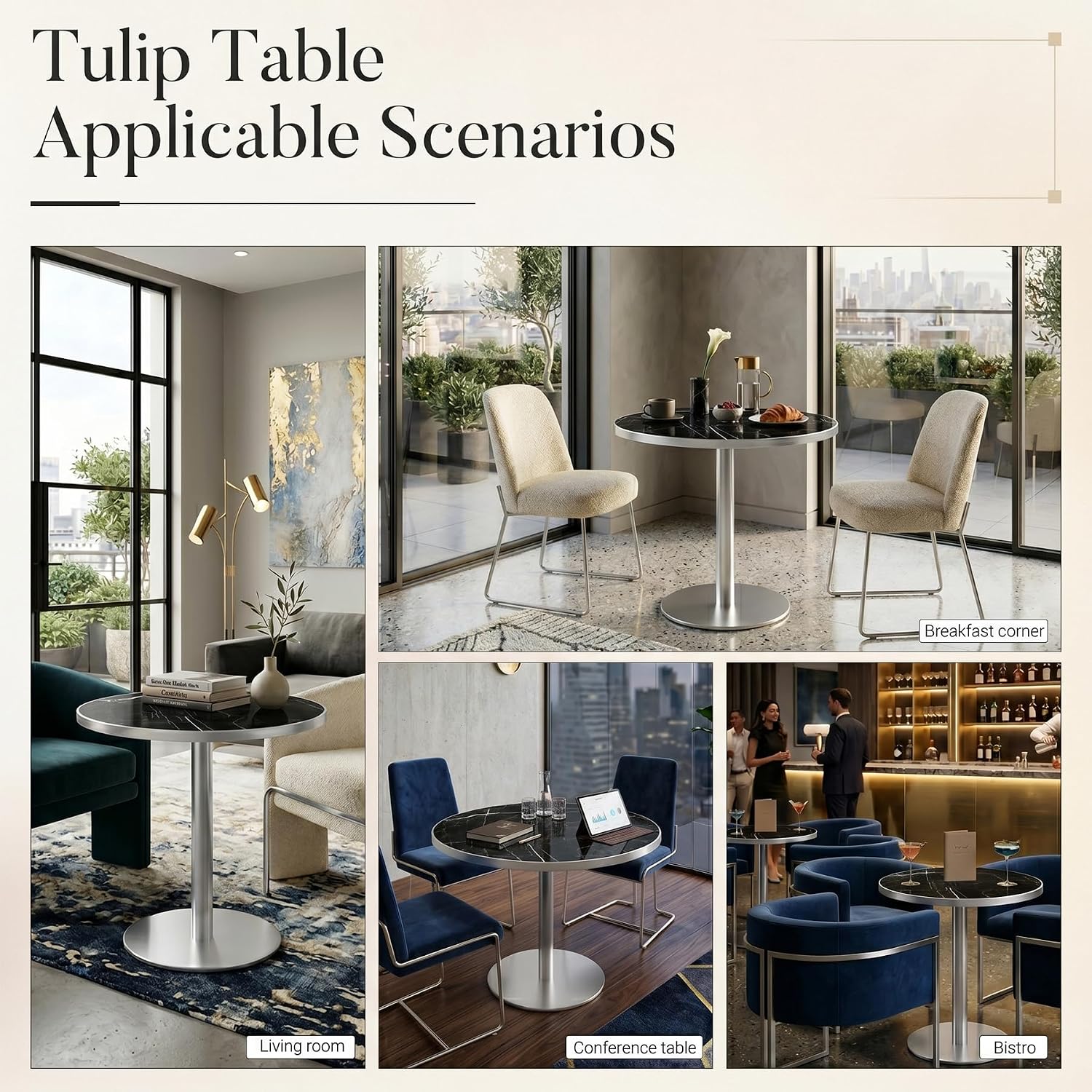 31.5" Tulip Table, Small Round Dining Table with 1.2" Thick Sintered Stone Tabletop and Silver Metal Pedestal Base, Bistro Table for Diner, Restaurant, Café, Bakery, Apartment (Marble Black Silver)
