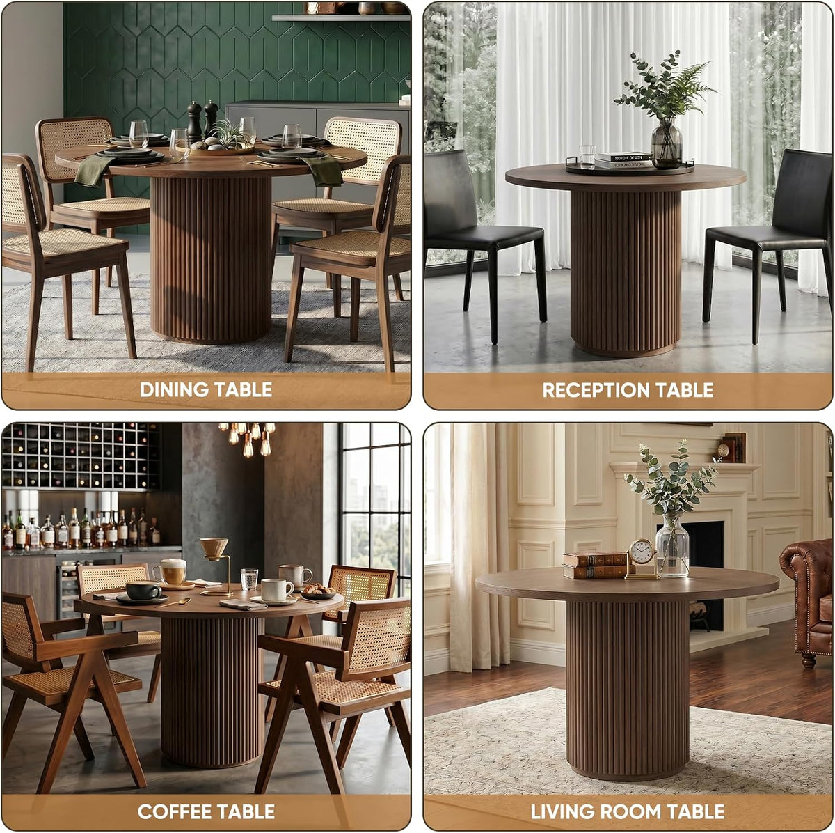 Modern Round Pedestal Dining Table with Solid Wood Base, 35'' Fluted Walnut Table for Kitchen or Small Dining Space