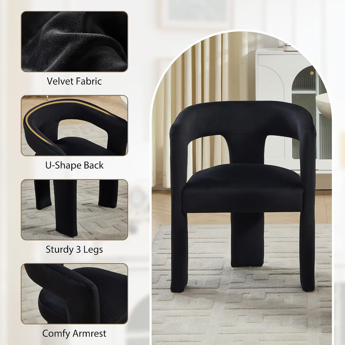 Modern Barrel Dining Chairs Set of 6, No Assembly Velvet Upholstered Dining Room Chairs with Open Back and 3 Legs, Comfy Accent Armchairs for Living Room/Bedroom/Kitchen/Reading, Black