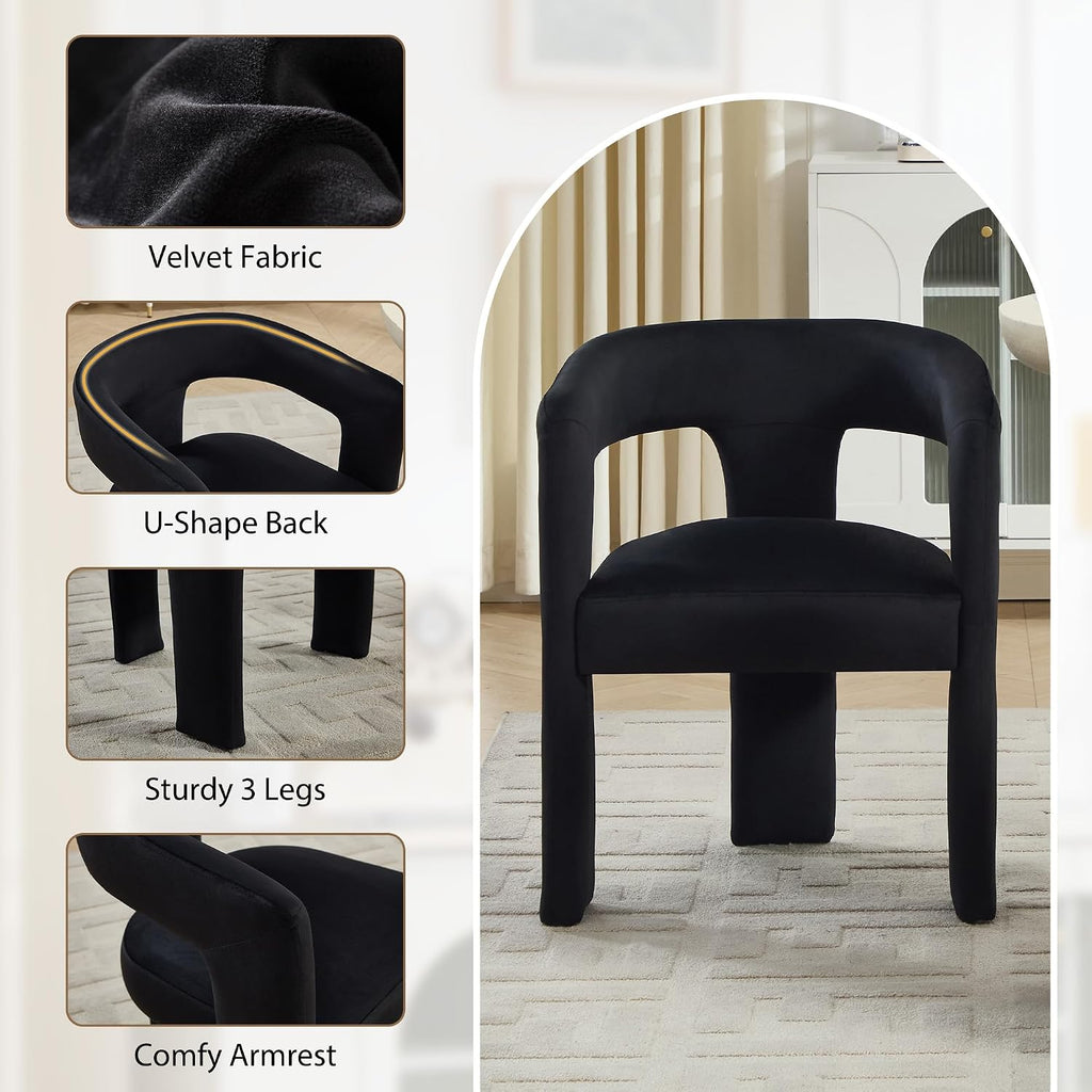 Modern Barrel Dining Chairs Set of 2, No Assembly Velvet Upholstered Dining Room Chairs with Open Back and 3 Legs, Comfy Accent Armchairs for Living Room/Bedroom/Kitchen/Reading, Black