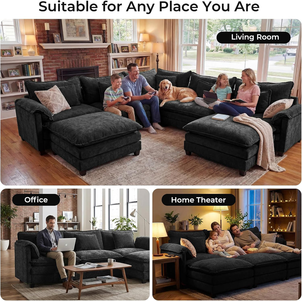 ELUCHANG 114" Oversized V-Shaped Cloud Couch Modular Sectional Sofa with Throw Pillows, 6-Seats w/Corner Comfy Double Layer Upholstered Deep Sofa for Living Room, DIY Combination, Chenille Black