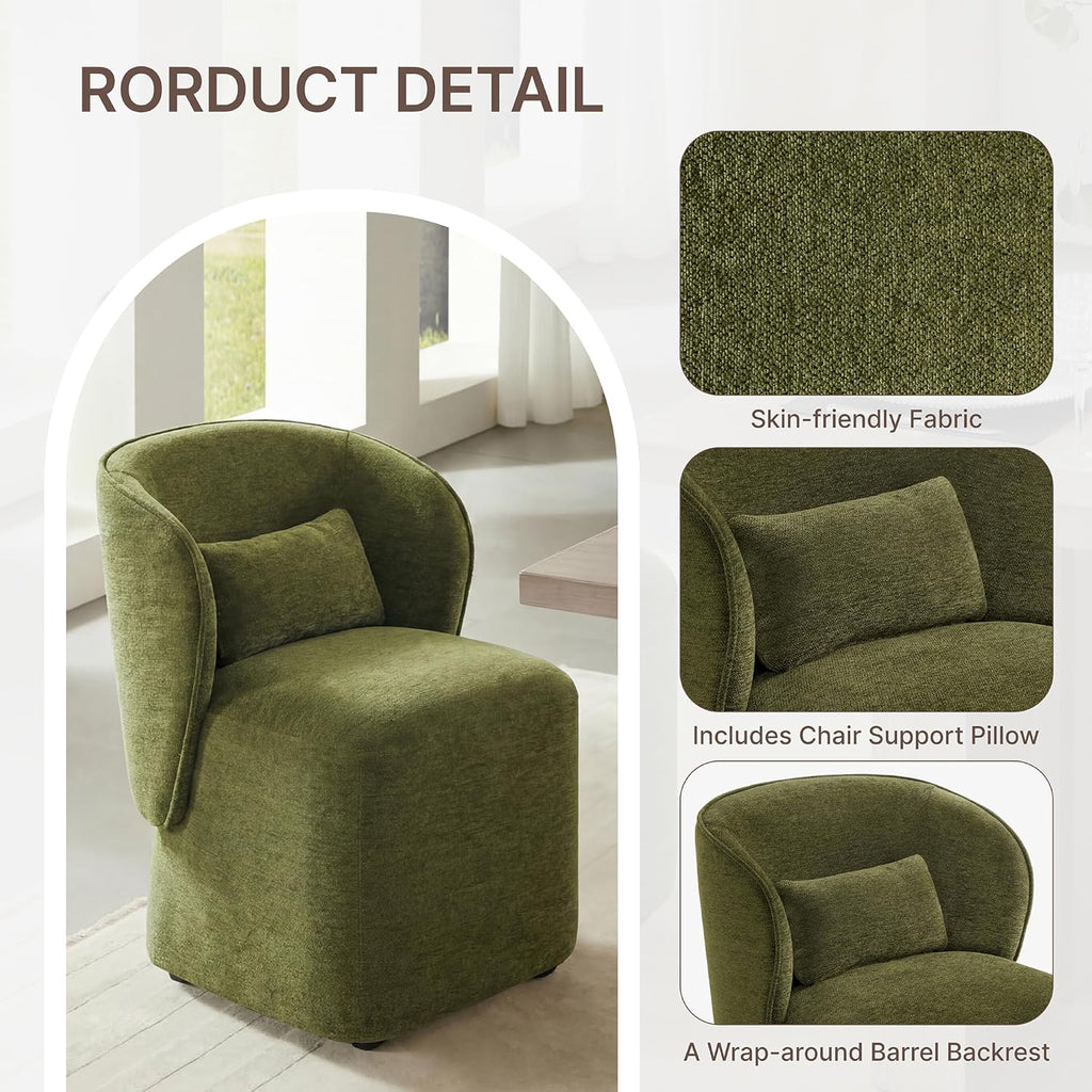 KISLOT Upholstered Dining Chairs with Wheels, Easy Assembly Stain Resistant Fabric Modern Barrel Armchair with Lumbar Cushion, Dining Room Chairs for Kitchen Living Room Bedroom, Green, Set of 4
