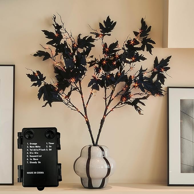 LITBLOOM Black Tree Branches with Lights 32IN Battery Operated with Timer, Lighted Halloween Maple Branches with 120 Orange and Warm White LED Lights for Fireplace Table Halloween Decoration