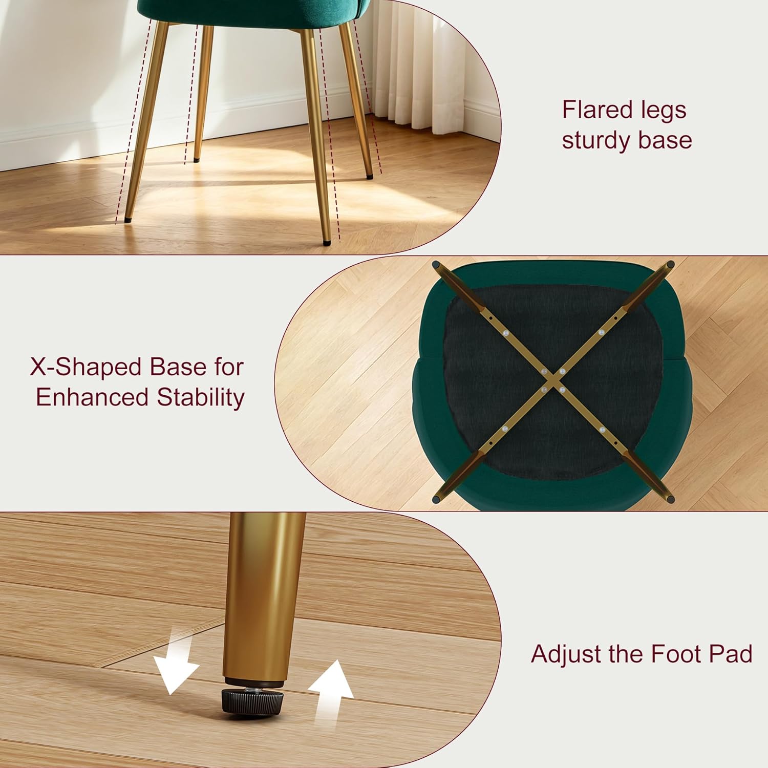 VECELO Velvet Dining Chairs Set of 2, Modern Upholstered Kitchen Chairs with Thick Cushions, Curved Padded Backrest and Metal Legs, for Kitchen, Dining Room, Living Room, Green