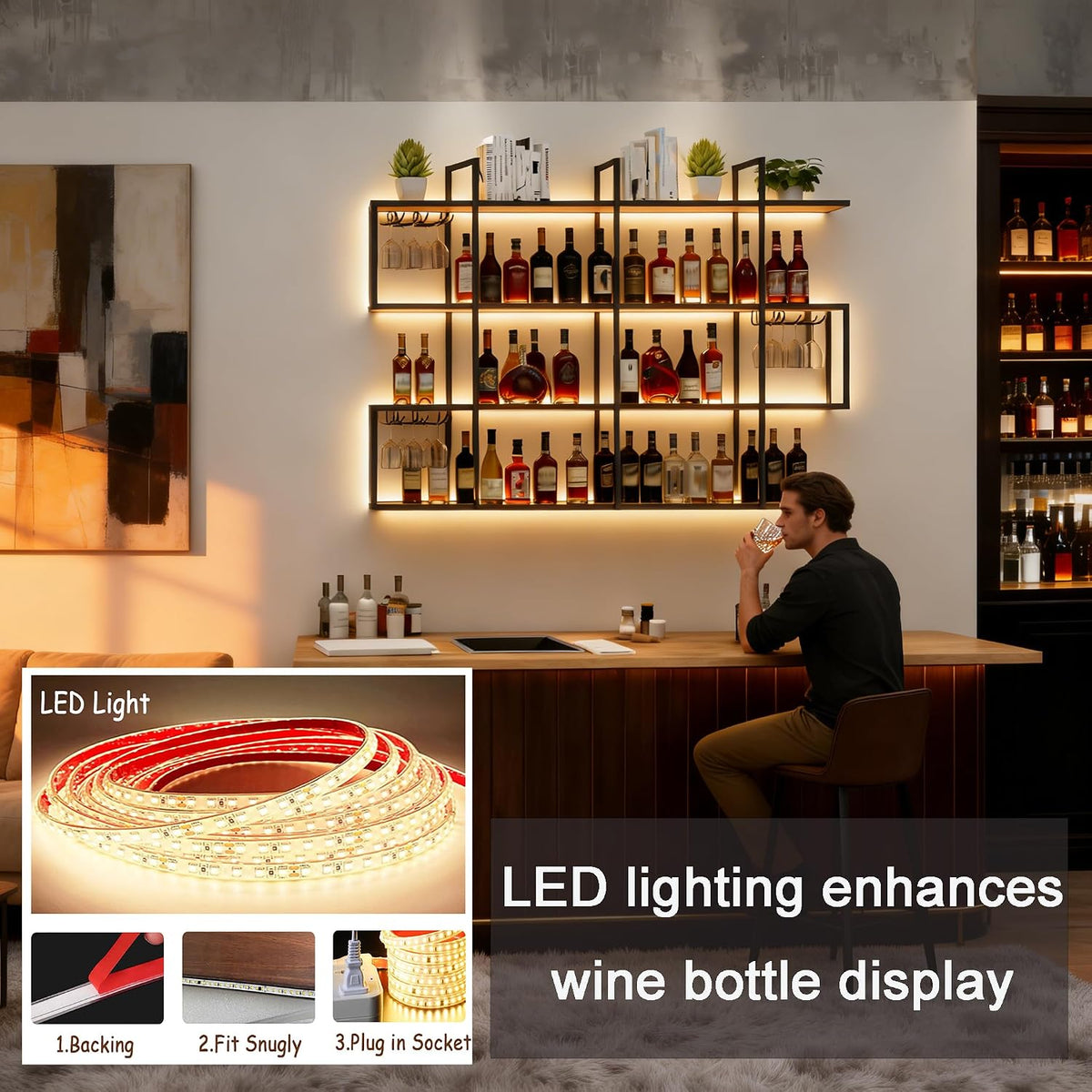 47.2 in Wall Wine Rack with LED Light, 4-Tier Metal Wine Rack with Shelves, Industrial Hanging Liquor Bottles Storage Rack Restaurant Deco (Black,120cm)