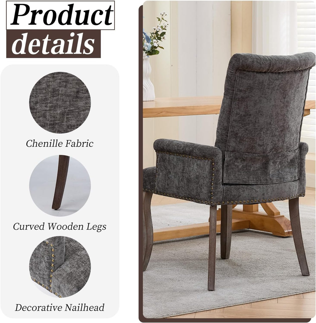 Shenyon Grey Single Dining Chair with Arms, Chenille Upholstered Dining Room Chairs with Tufted Back and Solid Wood Legs, Accent Armchair for Dining Room, Kitchen,Living Room, Grey