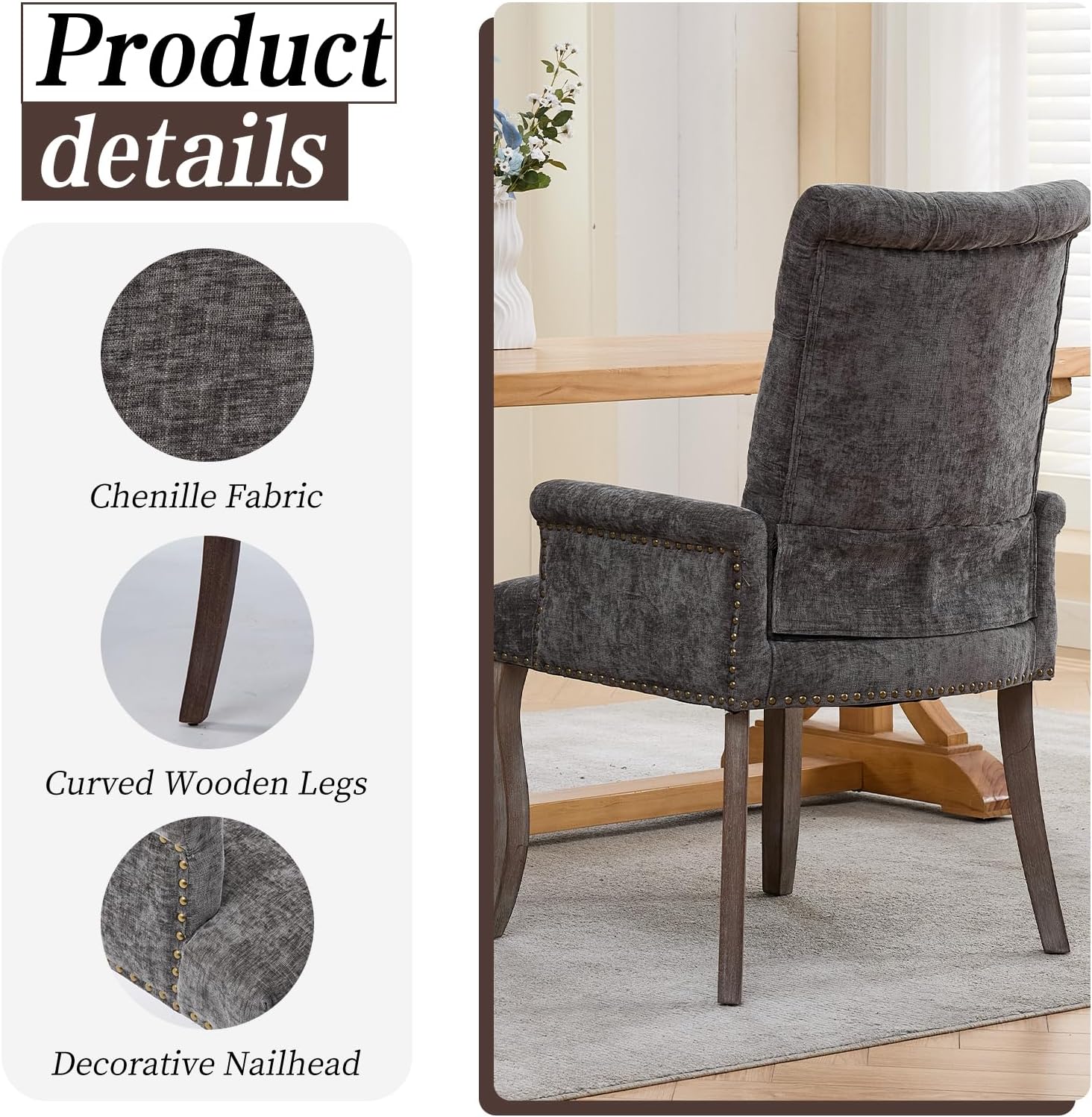 Shenyon Grey Single Dining Chair with Arms, Chenille Upholstered Dining Room Chairs with Tufted Back and Solid Wood Legs, Accent Armchair for Dining Room, Kitchen,Living Room, Grey