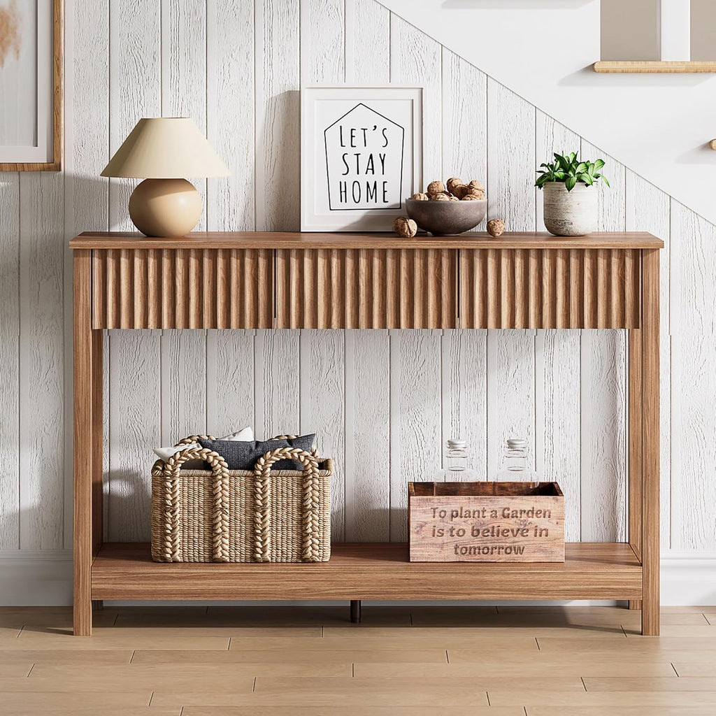 Treocho 47" Fluted Console Table with 3 Drawers and Storage Shelf | Narrow Long Entryway Table,Behind Couch Accent Tables, Entrance Foyer, Hallway, Living Room, Brown