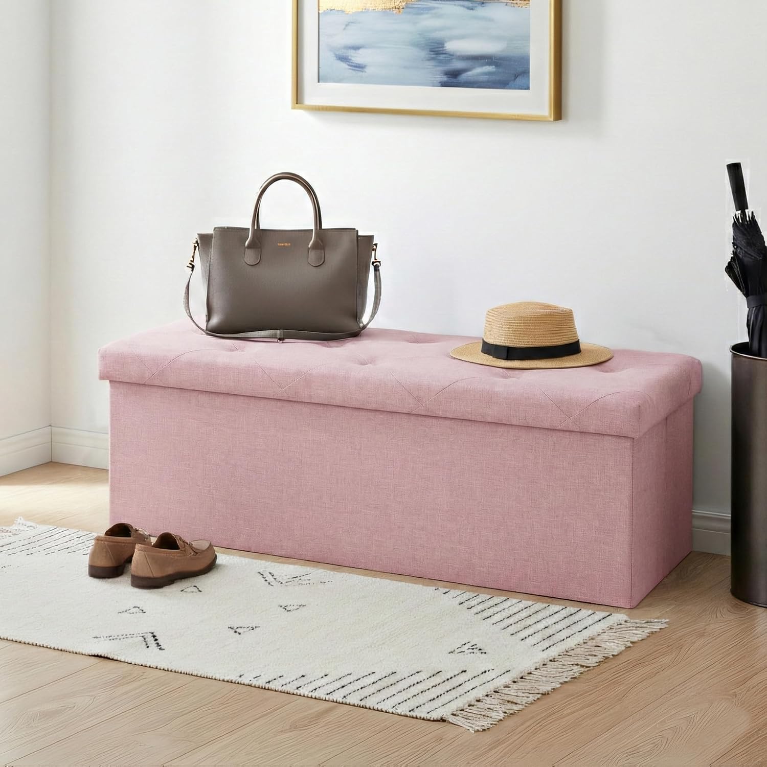 Foldable Storage Ottoman Bench, Storage Chest, End of Bed Foot Rest Stool with Padded Seat, 43 Inch Bedroom Bench for Living Room, Support 660lbs, Pink