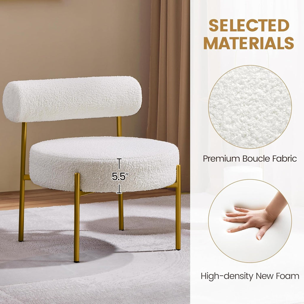 Yaheetech Accent Chair, Modern Tufted Vanity Chair, White | Boucle Fabric Vanity Stool with Gold Metal Legs, Cozy Sherpa Club Chair for Living Room Bedroom Home Office Makeup Room