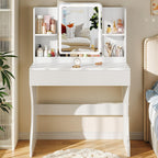 Driftalia White Small Vanity Desk with Mirror and 3 Color Adjustable Lights | Dimmable Brightness, Multi-Layer Storage, Quick Assembly, for Bedroom, Dressing Room