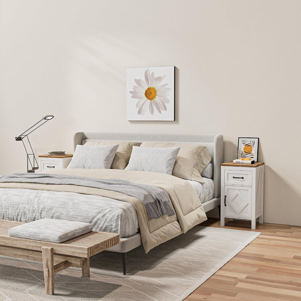 BVIUNTWO Set of 2 End Table, Modern Farmhouse Sofa Table Rustic Nightstand with Storage Cabinets and Drawers, Side Tables for Living Room, Bedroom, White