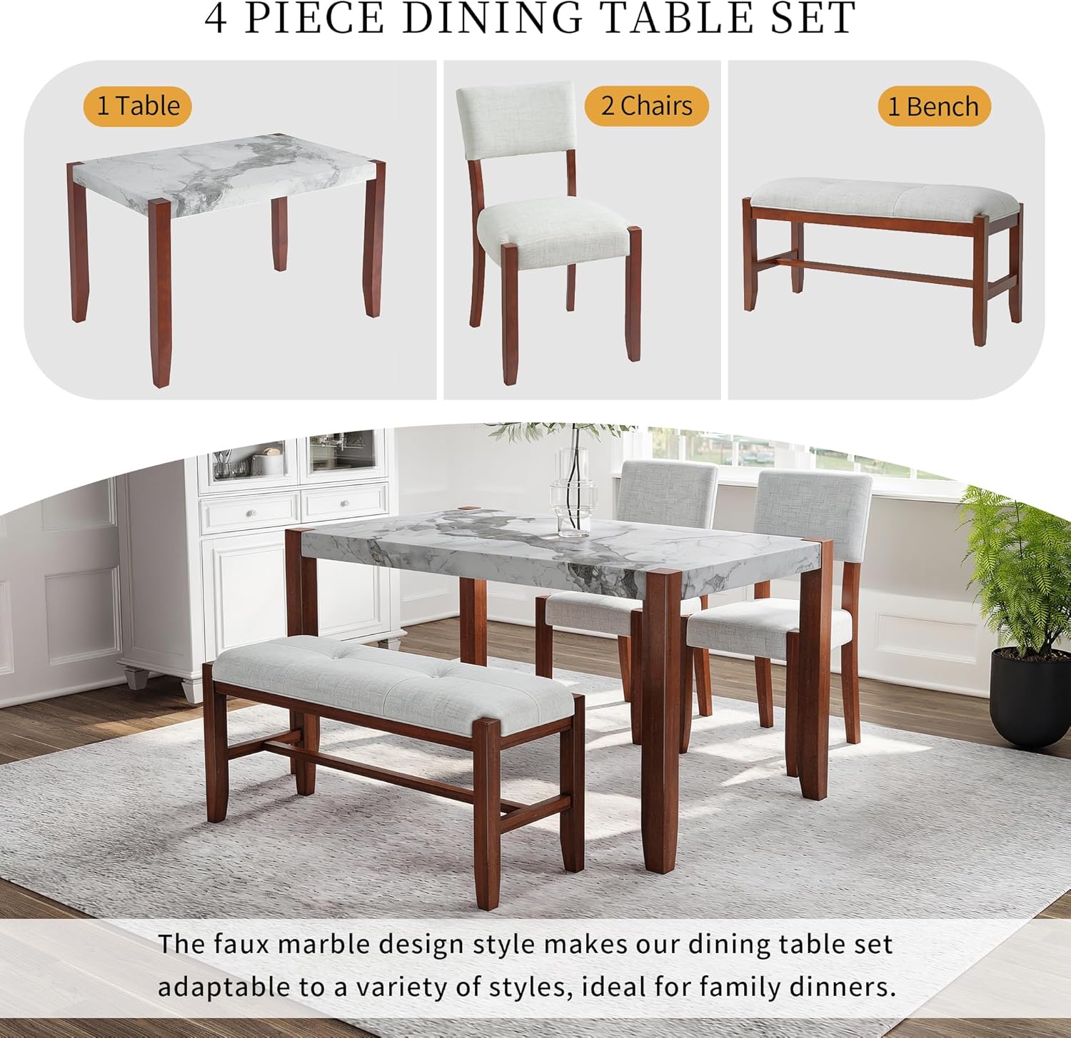 Merax 4 Piece Dining Table Set, Faux Marble Table and 2 Upholstered Chairs 1 Bench, 4 Person Dinette Set for Kitchen, Dining Room, Space-Saving, Beige