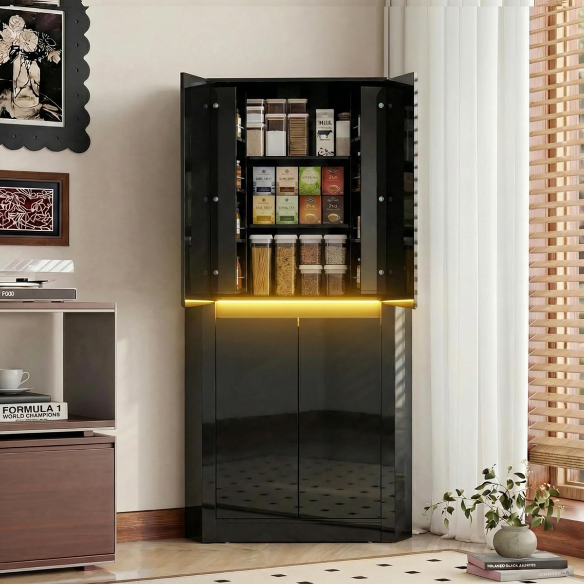 Anbuy 67'' Tall Pantry Cabinet with Led Light, Corner Pantry Cabinet with 4 High Gloss Doors and Adjustable Shelves, Space Saving Storage Cabinet for Food Hutch for Kitchen, Living Dining Room(Black)