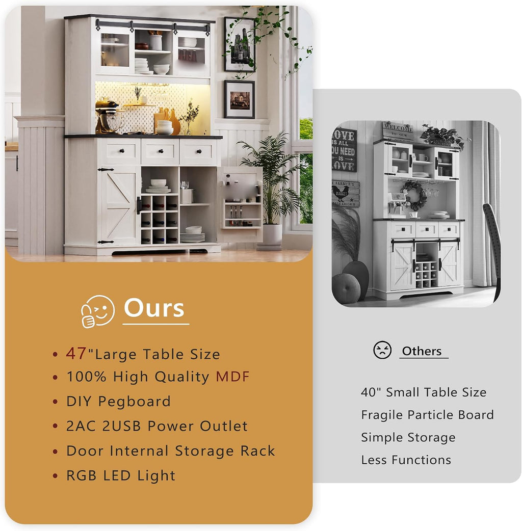 71" White Pantry Cabinet with Coffee Bar Farmhouse Kitchen Hutch Cabinet with Sliding Doors Wine Bar Cabinets with Power Outlet and LED Lights 9-Bottle Rack and 4 Glass Holders White Oak