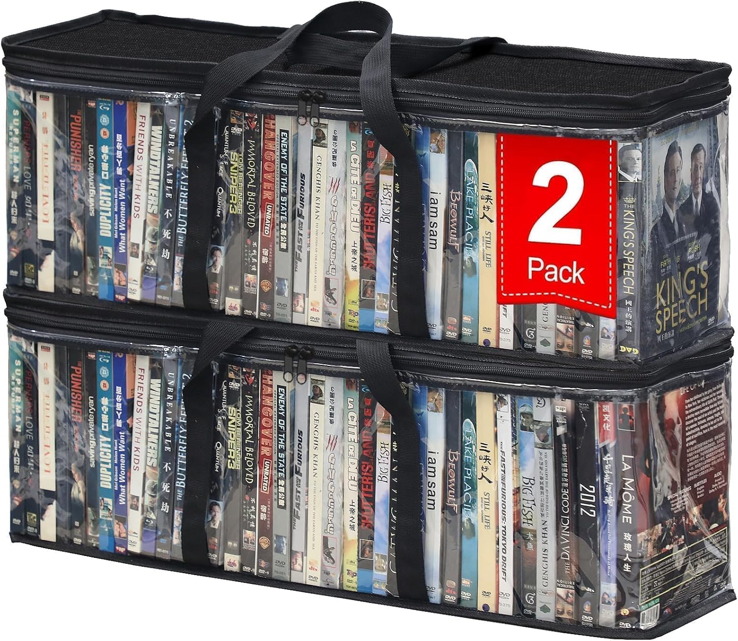 2-Pack Clear Blu-ray/DVD Storage Bags with Zipper & Handles | 56 Blu-ray/40 DVD capacity, Handles, for Movies/Games Storage