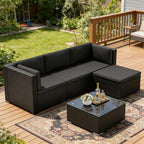 SUNCROWN 5-Piece Outdoor Patio Furniture Set, All-Weather PE Rattan Sectional Sofa with Ottoman, Glass Coffee Table & Cushions, Modular Wicker Conversation Set for Backyard, Garden, Porch, Dark Grey