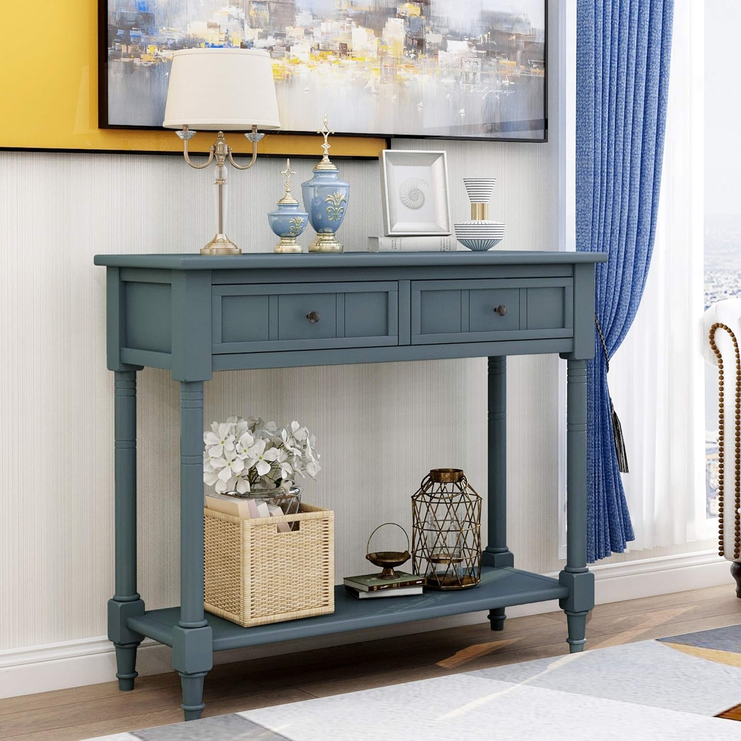 MERITLINE Wood Console Table for Entryway Console Table with Storage Sofa Table Entryway Table with 2 Drawers and Bottom Shelf (Navy)