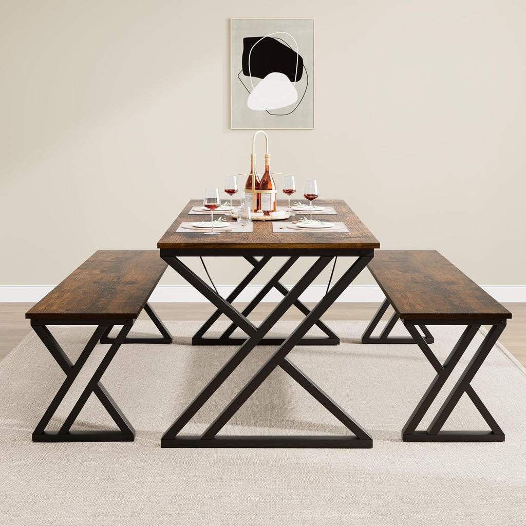 GarveeHome Kitchen Table with 2 Benches, Dining Table Set for 4, Saving Space Dining Room Table Set for Kitchen, Dining Room, Apartment, Sturdy Metal Frame, Vintage Brown