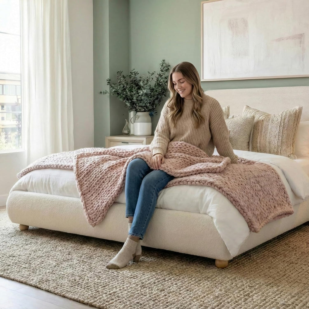 Brafab Cloud Queen Size Bed Frame with Headboard, Solid Wood Legs, Beige