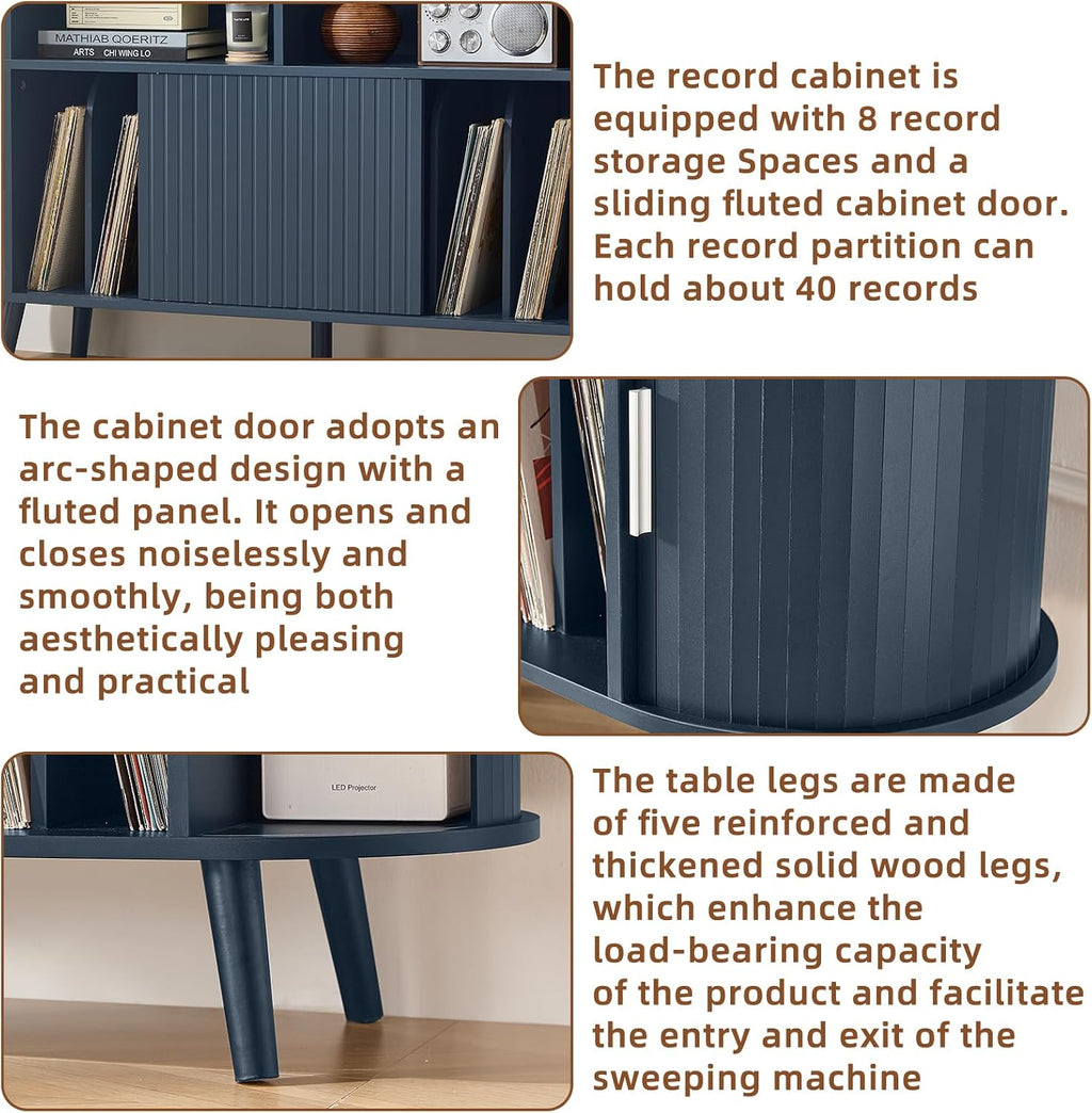 LELELINKY Extra Large Round Record Player Stand with Charging Station | Mid Century Modern Fluted Turntable Cabinet,Vinyl Storage, Arched Wood Record Player Table for Living Room,Blue