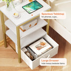 SUPERJARE Nightstand with Charging Station, Bed Side Table with Adjustable Fabric Drawer, Night Stand for Bedroom, 3-Tier Storage End Table, for Living Room, White and Gold
