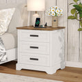 Whalefall 3 Drawers Farmhouse Nightstand with Charging Station, White | 22'' Wide Bedside Table for Bedroom, Large End Table with Storage for Living Room, Wooden Pedestal