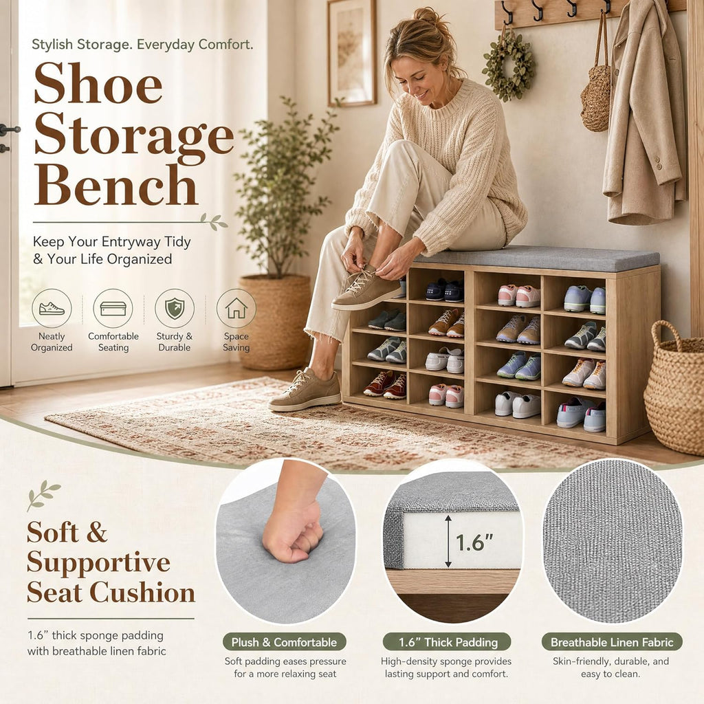 Shoe Storage Bench with Cushion, 16-Cubby Entryway Bench with Adjustable Shelves, 23" Tall Heavy Duty 700 lb Capacity, for Bedroom, Hallway, Mudroom