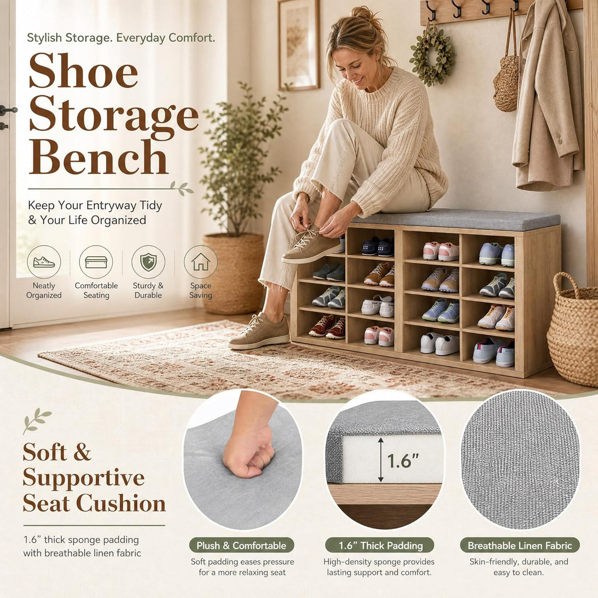 Shoe Storage Bench with Cushion, 16-Cubby Entryway Bench with Adjustable Shelves, 23" Tall Heavy Duty 700 lb Capacity, for Bedroom, Hallway, Mudroom